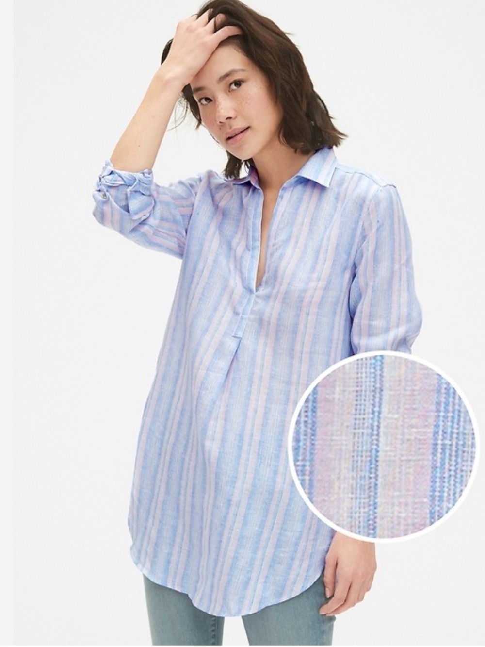 GAP Boyfriend Stripe Popover Tunic in Linen Ice Blue & pink sz small